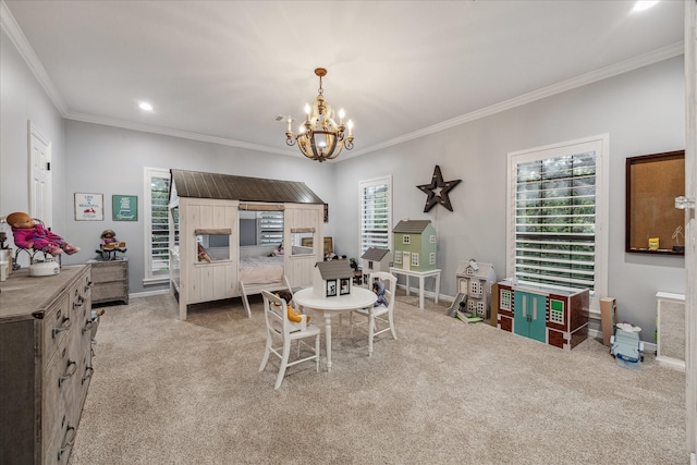 5001 Wedgewood Dr, Bellaire, TX 77401 - carpeted dining area featuring a chandelier and ornamental molding