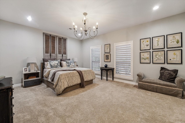 5001 Wedgewood Dr, Bellaire, TX 77401 - bedroom featuring carpet flooring, a chandelier, and recessed lighting