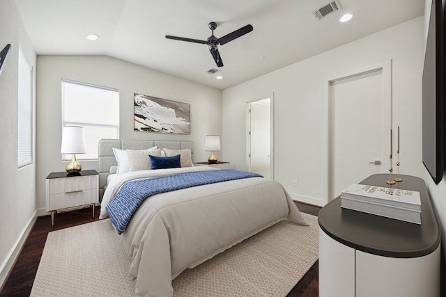 3208 N Macgregor Way Unit C, Houston, TX 77004 - bedroom featuring dark wood-type flooring, vaulted ceiling, ceiling fan, and recessed lighting