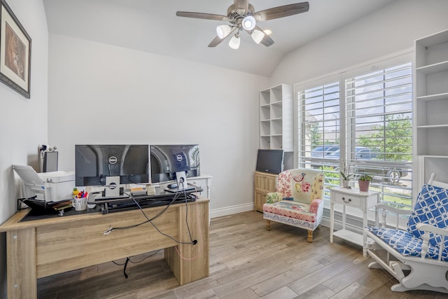 23007 Birchwood Valley Ln, Katy, TX 77493 - office space with wood finished floors, a ceiling fan, and vaulted ceiling