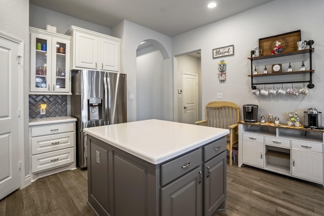 23007 Birchwood Valley Ln, Katy, TX 77493 - kitchen with stainless steel fridge, gray cabinetry, white cabinetry, dark wood-type flooring, and recessed lighting