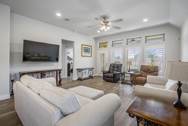 23007 Birchwood Valley Ln, Katy, TX 77493 - living room featuring wood finished floors, ceiling fan, and recessed lighting