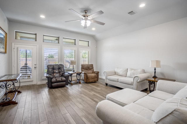 23007 Birchwood Valley Ln, Katy, TX 77493 - living room featuring a ceiling fan, healthy amount of natural light, wood finished floors, and recessed lighting