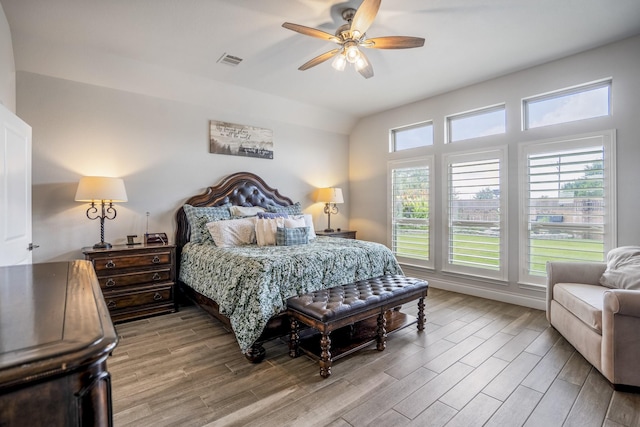 23007 Birchwood Valley Ln, Katy, TX 77493 - bedroom with wood finished floors, vaulted ceiling, and a ceiling fan