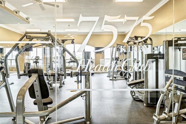 7575 Kirby Dr Unit 1203, Houston, TX 77030 - exercise room with a ceiling fan and crown molding