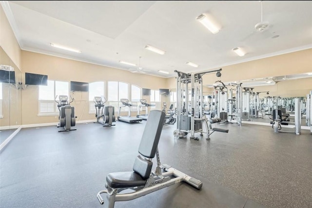 7575 Kirby Dr Unit 1203, Houston, TX 77030 - gym featuring crown molding, healthy amount of natural light, and ceiling fan