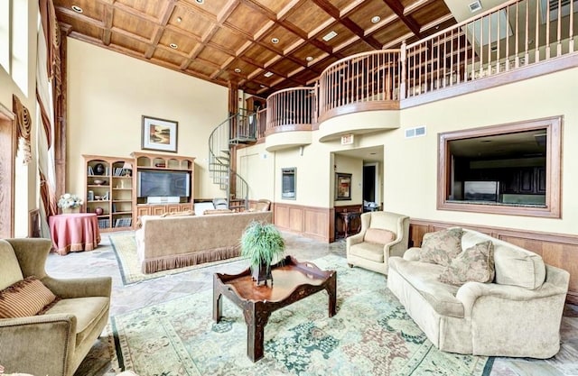 7575 Kirby Dr Unit 1203, Houston, TX 77030 - living room with a wooden ceiling with exposed beams, coffered ceiling, a towering ceiling, and wainscoting