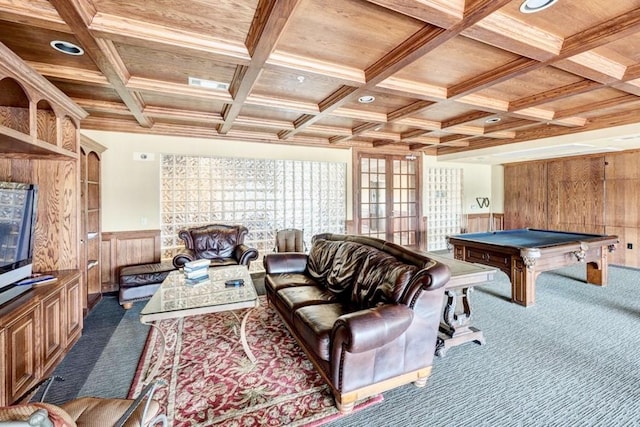 7575 Kirby Dr Unit 1203, Houston, TX 77030 - playroom featuring carpet flooring, coffered ceiling, a wainscoted wall, crown molding, and wood walls