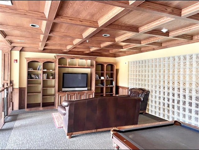 7575 Kirby Dr Unit 1203, Houston, TX 77030 - carpeted home office featuring a wainscoted wall, billiards, a wooden ceiling with exposed beams, and coffered ceiling