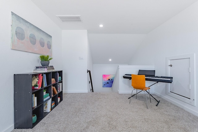 14205 Wonder Lake Ln, Conroe, TX 77384 - office area featuring carpet, vaulted ceiling, and recessed lighting