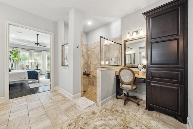 13627 Saddlebred Springs Ln, Cypress, TX 77429 - full bathroom with walk in shower, a ceiling fan, and ensuite bath