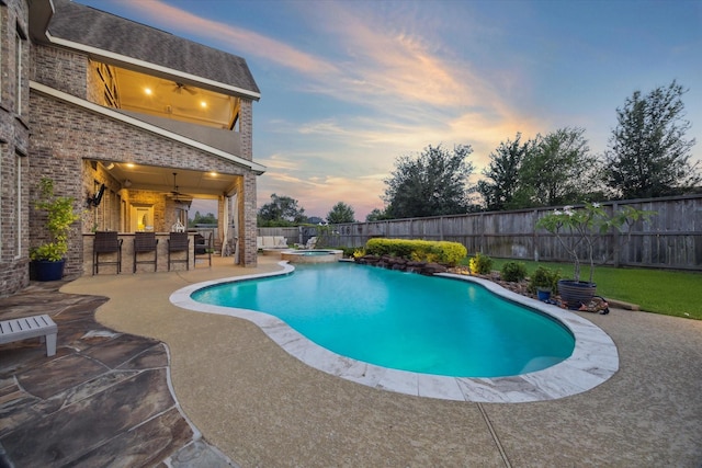 13627 Saddlebred Springs Ln, Cypress, TX 77429 - view of pool featuring a fenced backyard, a patio, a ceiling fan, and a pool with connected hot tub