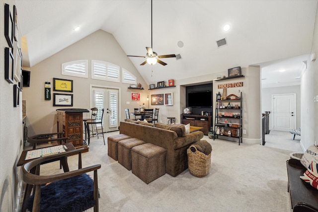 13627 Saddlebred Springs Ln, Cypress, TX 77429 - living room featuring light colored carpet, a ceiling fan, recessed lighting, and high vaulted ceiling