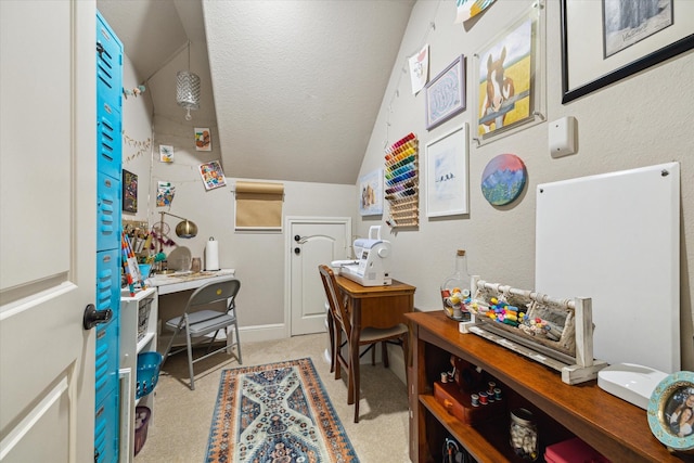 13627 Saddlebred Springs Ln, Cypress, TX 77429 - office featuring lofted ceiling, light carpet, and a textured ceiling