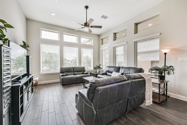 10119 Napier Dr, Iowa Colony, TX 77583 - living room featuring a ceiling fan, dark wood-style floors, and recessed lighting