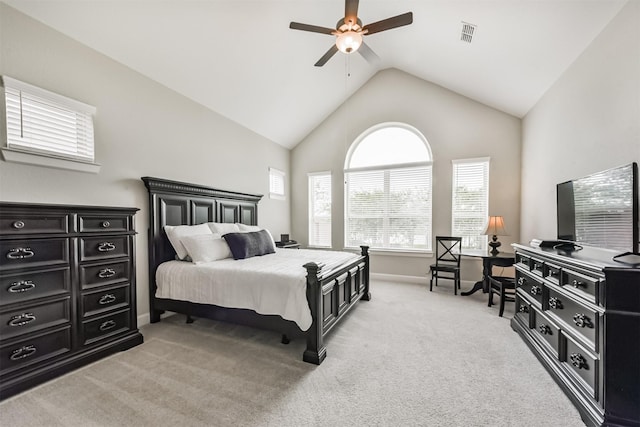 10119 Napier Dr, Iowa Colony, TX 77583 - bedroom featuring vaulted ceiling, light colored carpet, and a ceiling fan