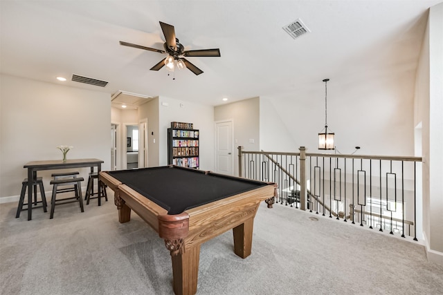 10119 Napier Dr, Iowa Colony, TX 77583 - recreation room with attic access, a ceiling fan, carpet, recessed lighting, and billiards table
