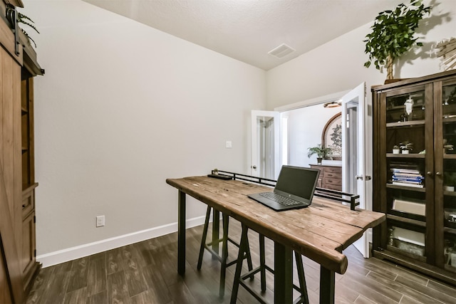 10119 Napier Dr, Iowa Colony, TX 77583 - office area featuring dark wood finished floors and baseboards