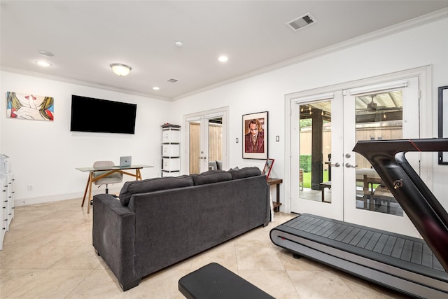 1616 Nevada St, Houston, TX 77006 - living area with french doors, ornamental molding, recessed lighting, and light tile patterned floors