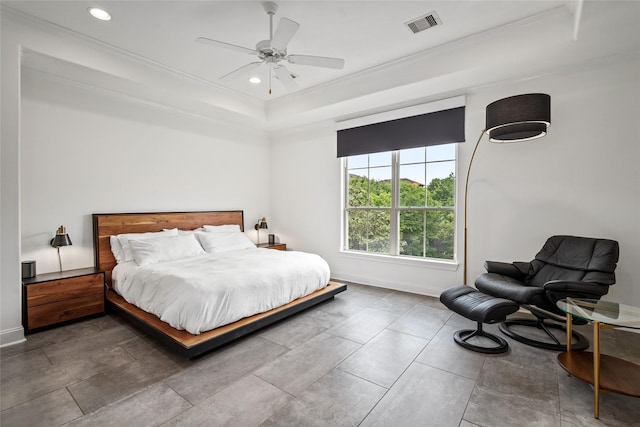 1616 Nevada St, Houston, TX 77006 - bedroom with ornamental molding, recessed lighting, a raised ceiling, and a ceiling fan
