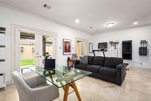1616 Nevada St, Houston, TX 77006 - living area with french doors, crown molding, and recessed lighting