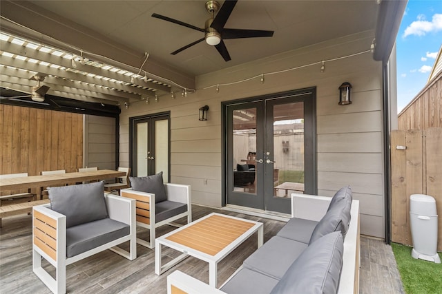 1616 Nevada St, Houston, TX 77006 - wooden deck featuring french doors, ceiling fan, an outdoor hangout area, and a pergola