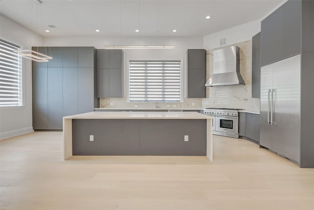 2822 Westgrove Ln, Houston, TX 77027 - kitchen featuring wall chimney exhaust hood, high end appliances, gray cabinets, a kitchen island, and backsplash