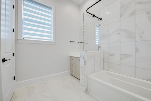 2822 Westgrove Ln, Houston, TX 77027 - full bathroom featuring vanity, plenty of natural light, marble look tile flooring, and shower / tub combination