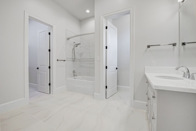 2822 Westgrove Ln, Houston, TX 77027 - bathroom with vanity, shower / bathtub combination, marble look tile flooring, and recessed lighting