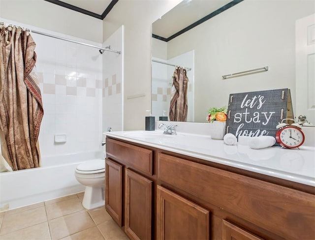23931 Clover Trl, Katy, TX 77494 - bathroom with shower / bath combo with shower curtain, vanity, ornamental molding, and tile patterned flooring