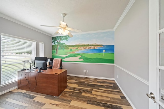 32926 Leafy Oak Ct, Magnolia, TX 77354 - office space featuring ornamental molding, wood finished floors, and ceiling fan