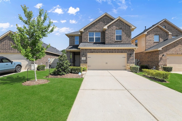 16833 Pink Wintergreen Dr, Conroe, TX 77385 - view of front of home featuring driveway, a front lawn, brick siding, a garage, and stone siding