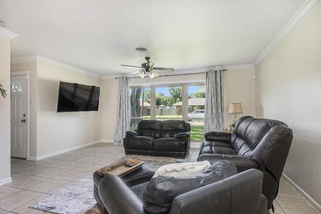 201 E 5th St, Deer Park, TX 77536 - living area with light tile patterned flooring, ornamental molding, and ceiling fan