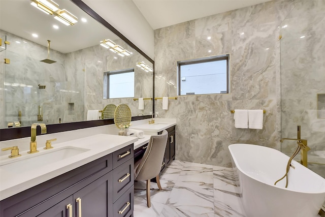 7106 Dearborn St, Houston, TX 77055 - bathroom with vanity, a marble finish shower, a freestanding bath, tile walls, and marble tiled floors