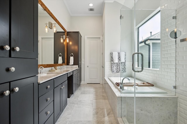 1207 W 24th St Unit A, Houston, TX 77008 - bathroom with a bath, double vanity, crown molding, marble finish flooring, and an enclosed shower