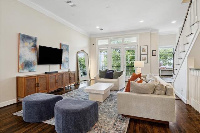 1207 W 24th St Unit A, Houston, TX 77008 - living area with dark wood finished floors, ornamental molding, stairway, and recessed lighting
