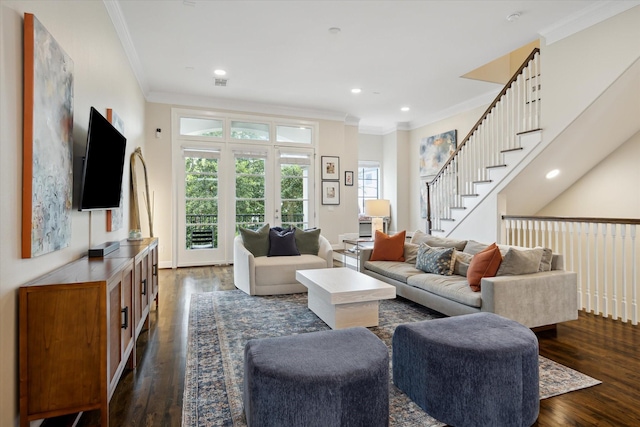 1207 W 24th St Unit A, Houston, TX 77008 - living room with crown molding, dark wood finished floors, recessed lighting, and stairs