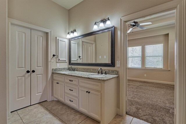 3816 Mystic Cir, Montgomery, TX 77356 - bathroom featuring double vanity, tile patterned flooring, and ceiling fan