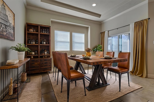 3816 Mystic Cir, Montgomery, TX 77356 - dining space with crown molding, tile patterned flooring, and a tray ceiling