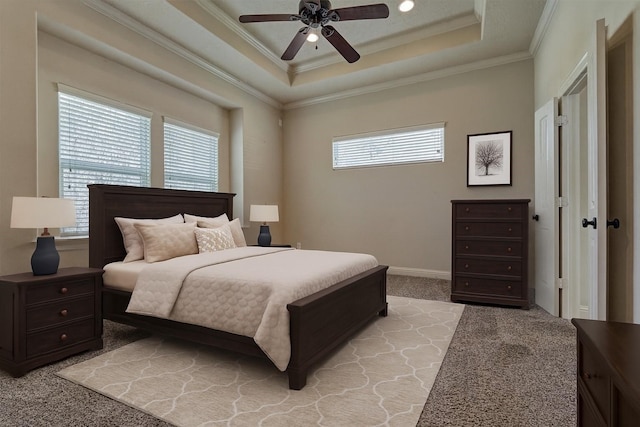3816 Mystic Cir, Montgomery, TX 77356 - bedroom featuring light colored carpet, a tray ceiling, ornamental molding, and a ceiling fan