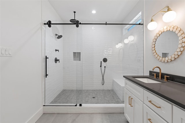 412 E 34th St, Houston, TX 77018 - full bath featuring a shower stall, vanity, recessed lighting, and tile patterned flooring