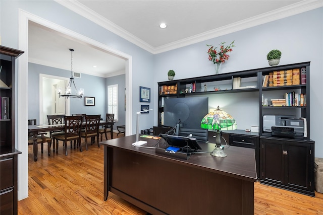 983 W 42nd St, Houston, TX 77018 - home office featuring light wood finished floors, crown molding, a chandelier, and recessed lighting