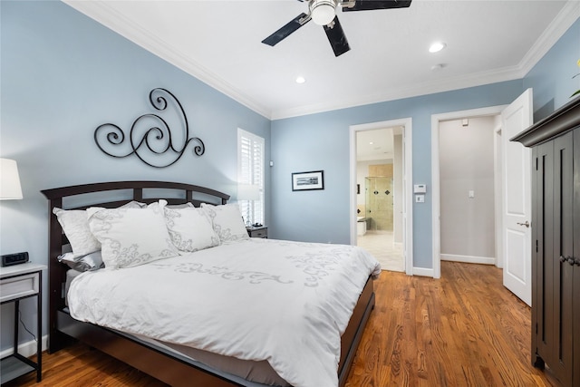 983 W 42nd St, Houston, TX 77018 - bedroom featuring ornamental molding, wood finished floors, recessed lighting, and a ceiling fan