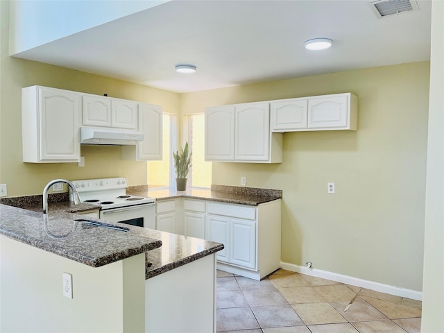 11530 Bellerive Dr, Houston, TX 77072 - kitchen with under cabinet range hood, electric range, a peninsula, and dark stone countertops