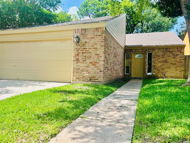 11530 Bellerive Dr, Houston, TX 77072 - view of front of property with brick siding, a shingled roof, concrete driveway, a front yard, and a garage