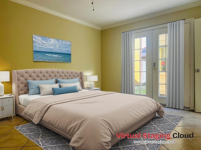 11530 Bellerive Dr, Houston, TX 77072 - bedroom with light tile patterned flooring, multiple windows, crown molding, and french doors