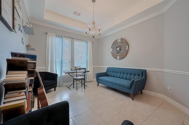 4227 Lodge Ranch Ct, Fulshear, TX 77441 - living area with a chandelier, light tile patterned floors, and crown molding