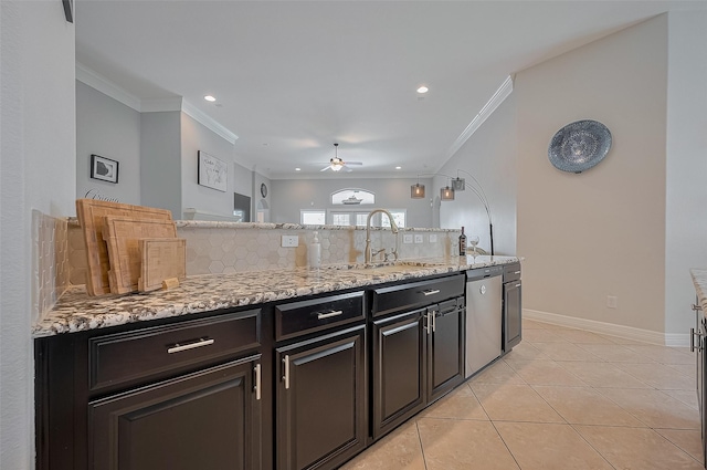 4227 Lodge Ranch Ct, Fulshear, TX 77441 - kitchen featuring a ceiling fan, crown molding, light stone counters, backsplash, and stainless steel dishwasher