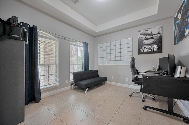 4227 Lodge Ranch Ct, Fulshear, TX 77441 - home office featuring a raised ceiling and light tile patterned floors