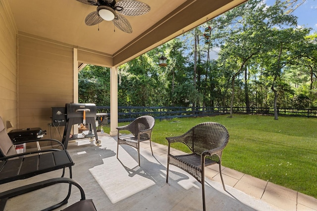 22206 Lantana Dr, Magnolia, TX 77355 - fenced backyard featuring a patio area, ceiling fan, and view of scattered trees